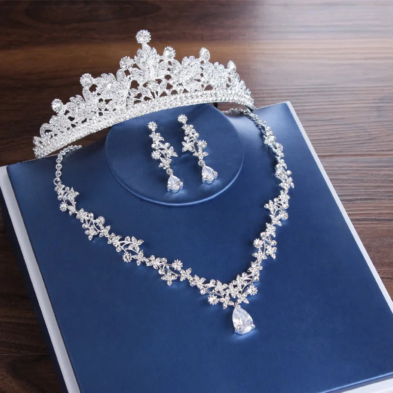 Luxury Bridal Tiaras Crown Leaf Wedding Jewelry Sets Statement Necklaces Earrings Set Hair Accessories African Beads Jewelry Set
