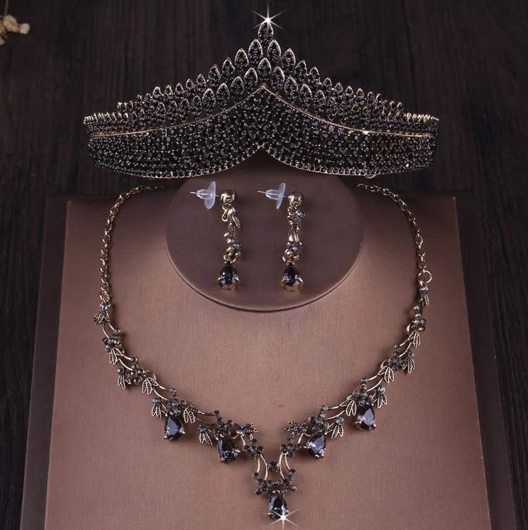 Baroque Gold Color Black Crystal Heart Bridal Jewelry Sets Rhinestone Crowns Tiaras Necklace Earrings Wedding Dubai Jewelry Set