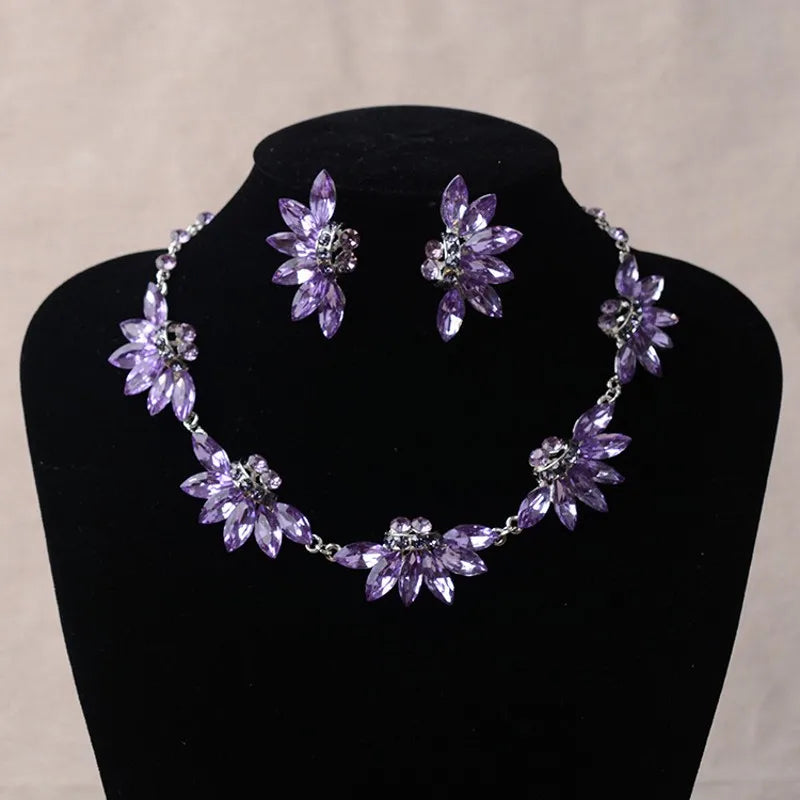 Baroque Purple Crystal Leaf Bridal Jewelry Sets Luxury Rhinestone Choker Necklace Earrings Set Wedding Dubai Jewelry Set Bijoux