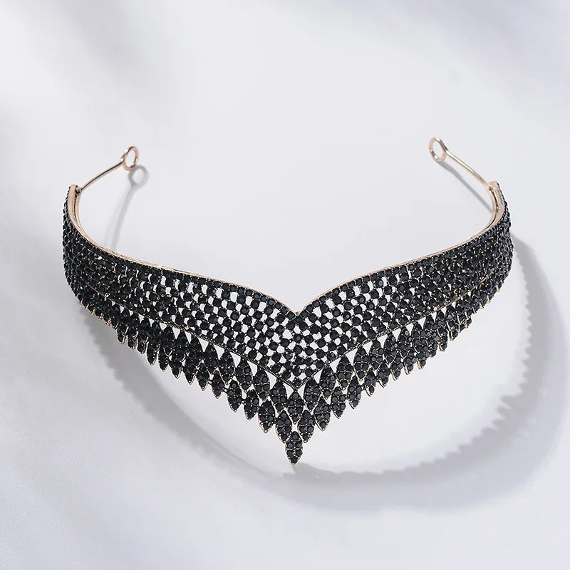 Baroque Gold Color Black Crystal Heart Bridal Jewelry Sets Rhinestone Crowns Tiaras Necklace Earrings Wedding Dubai Jewelry Set