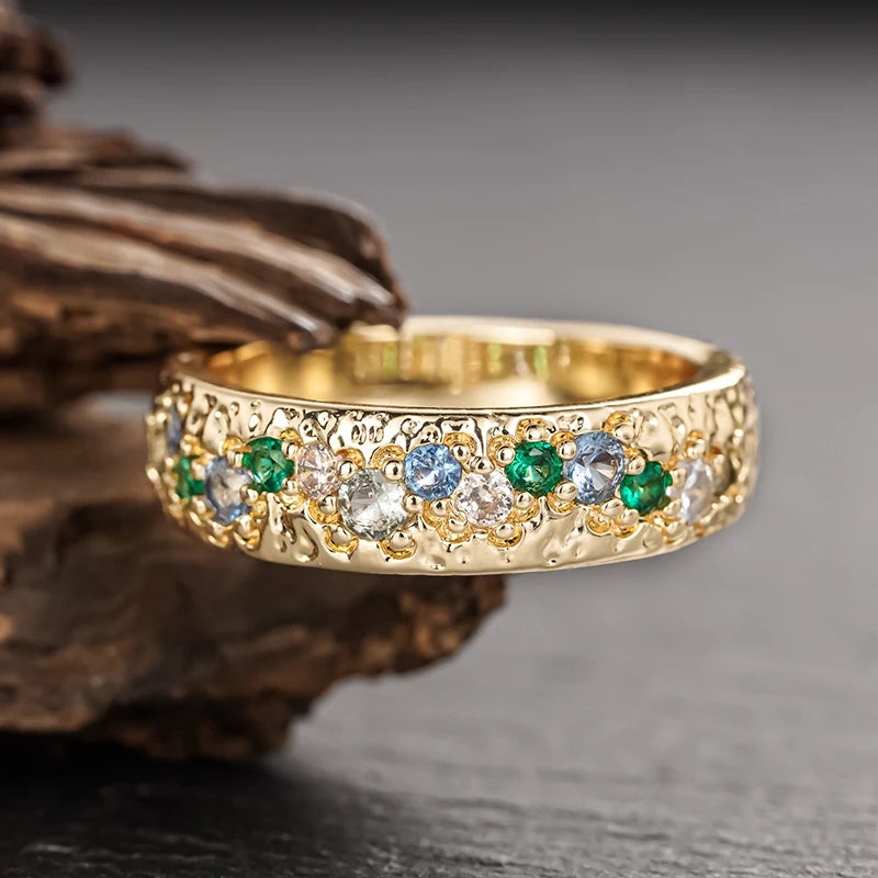 Gold Color Women Rings with Colorful Cubic Zirconia Wedding Trendy Accessories Fashion Contracted Female Party Jewelry