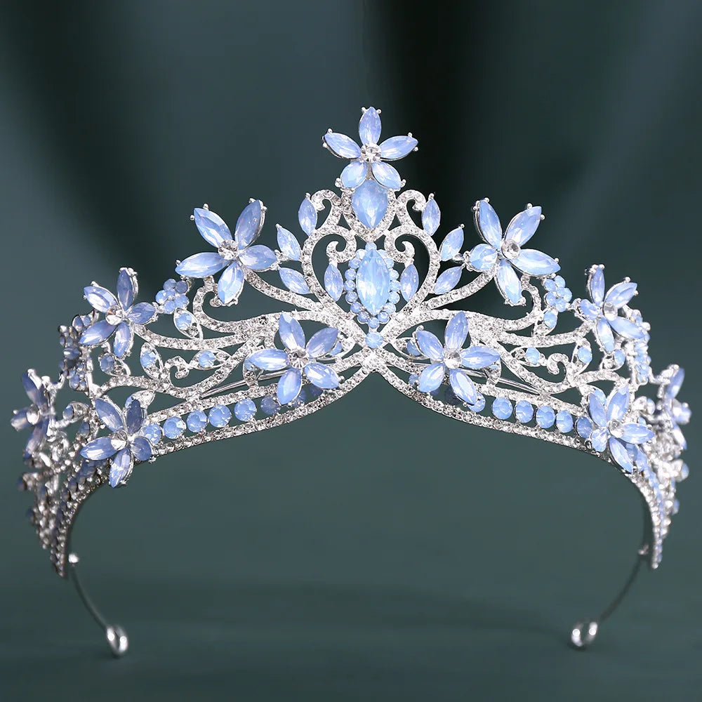 12 Colors Baroque Crystal Flower Blue Opal Tiaras For Women Party Luxury Bride Diadem Rhinestone Crown Hair Accessories Jewelry