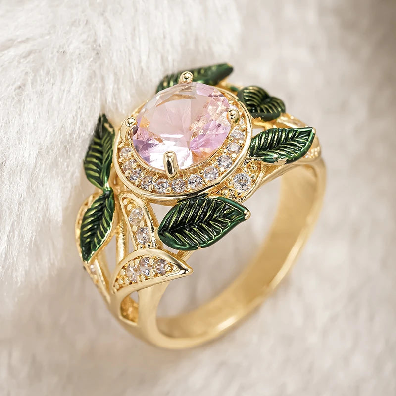 Aesthetic Floral Rings for Women Pink Flower Green Leaf Design Romantic Female Rings Wedding Party Luxury Trendy Jewelry