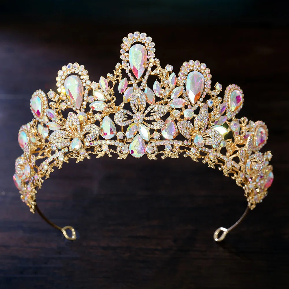 Luxury Water Drop Pink Crystal Bridal Tiara Crown Silver Color Rhinestone Diadem Veil Tiaras Wedding Hair Accessories Headpieces