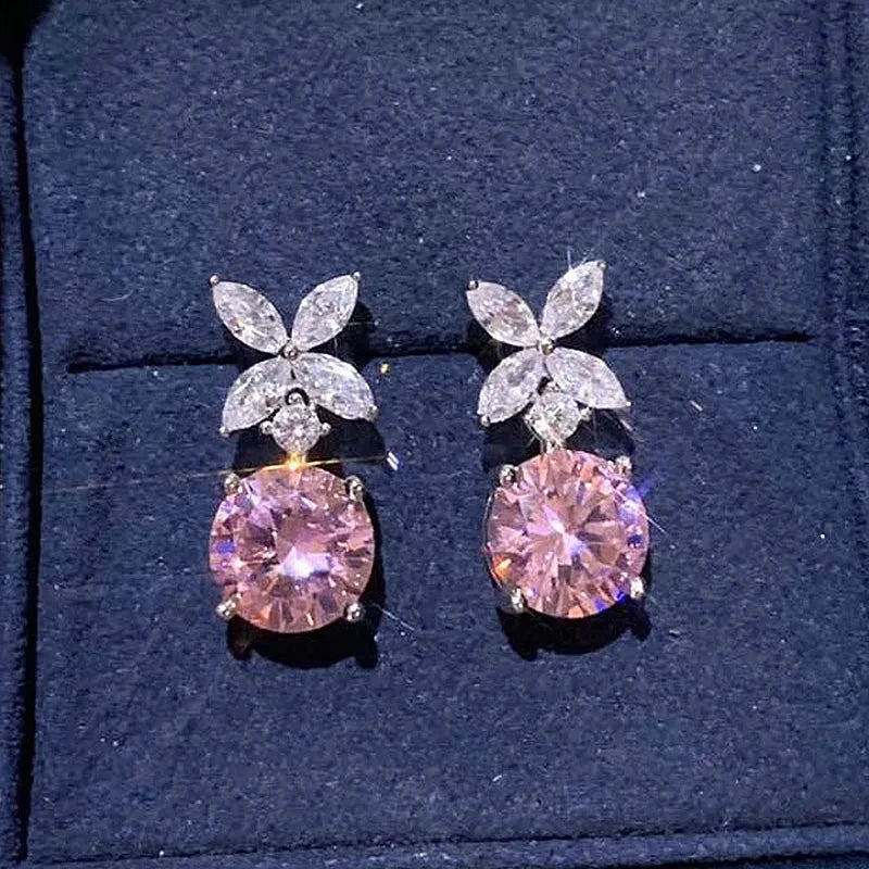 Flower Dangle Earrings Pink Cubic Zirconia for Women Silver Color Temperament Sweet Accessories Fashion Jewelry