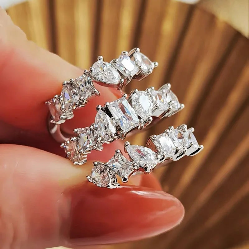 Trendy Geometric Cubic Zirconia Finger Rings for Women Three Layers Design Luxury Daily Party Accessories Jewelry