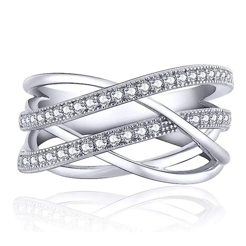 Silver Color Multi-cross Finger Ring with Shiny Crystal CZ Modern Fashion Female Rings Daily Wear Party Jewelry