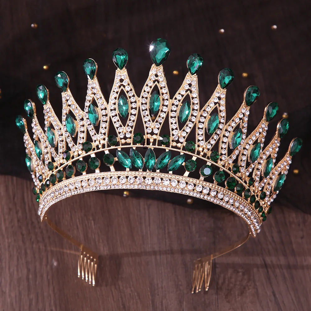Luxury Royal Queen Wedding Crown With Comb Women Large Lime Green Crystal Banquet Tiaras Party Costume Hair Jewelry Accessories