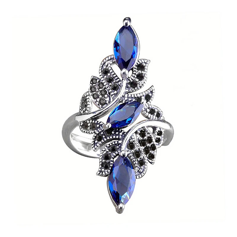 Leaf Shaped Adjustable Rings for Women Marquise Blue Cubic Zirconia Black CZ Lady Rings Party Jewelry