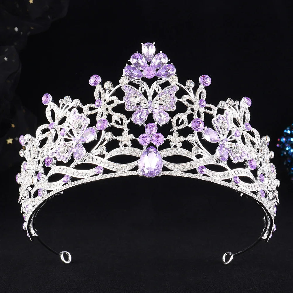 10 Colors New Baroque Pink Crystal Butterfly Bridal Tiara Crown Rhinestone Diadem Veil Tiaras Wedding Hair Accessories Headpiece