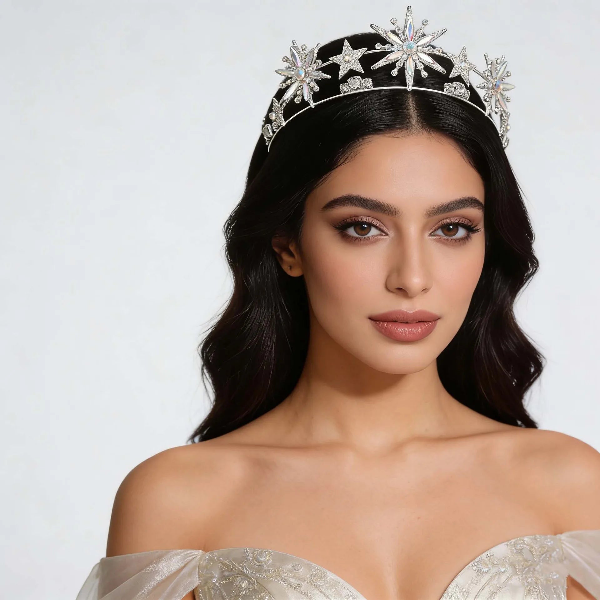 Luxury Silver AB Color Crystal 6-Point Star Wedding Crown Tiara Rhinestone Diadem Princess Women Headband Bride Hair Accessories