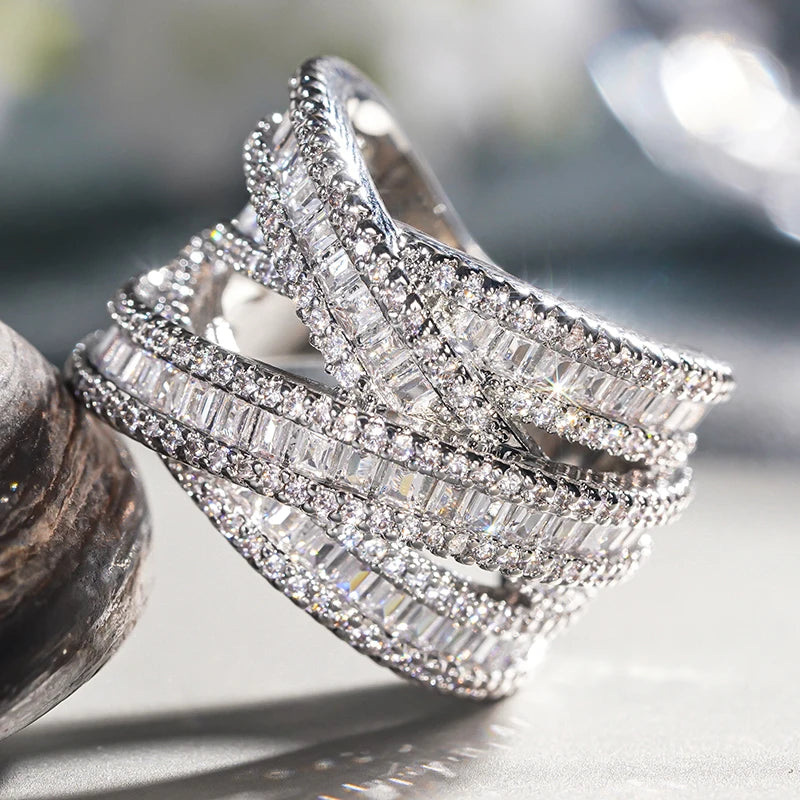 Novel Multi-layer Cross Design Rings for Women Graceful Grand Finger Accessory for Wedding Trendy Dazzling Party Jewelry