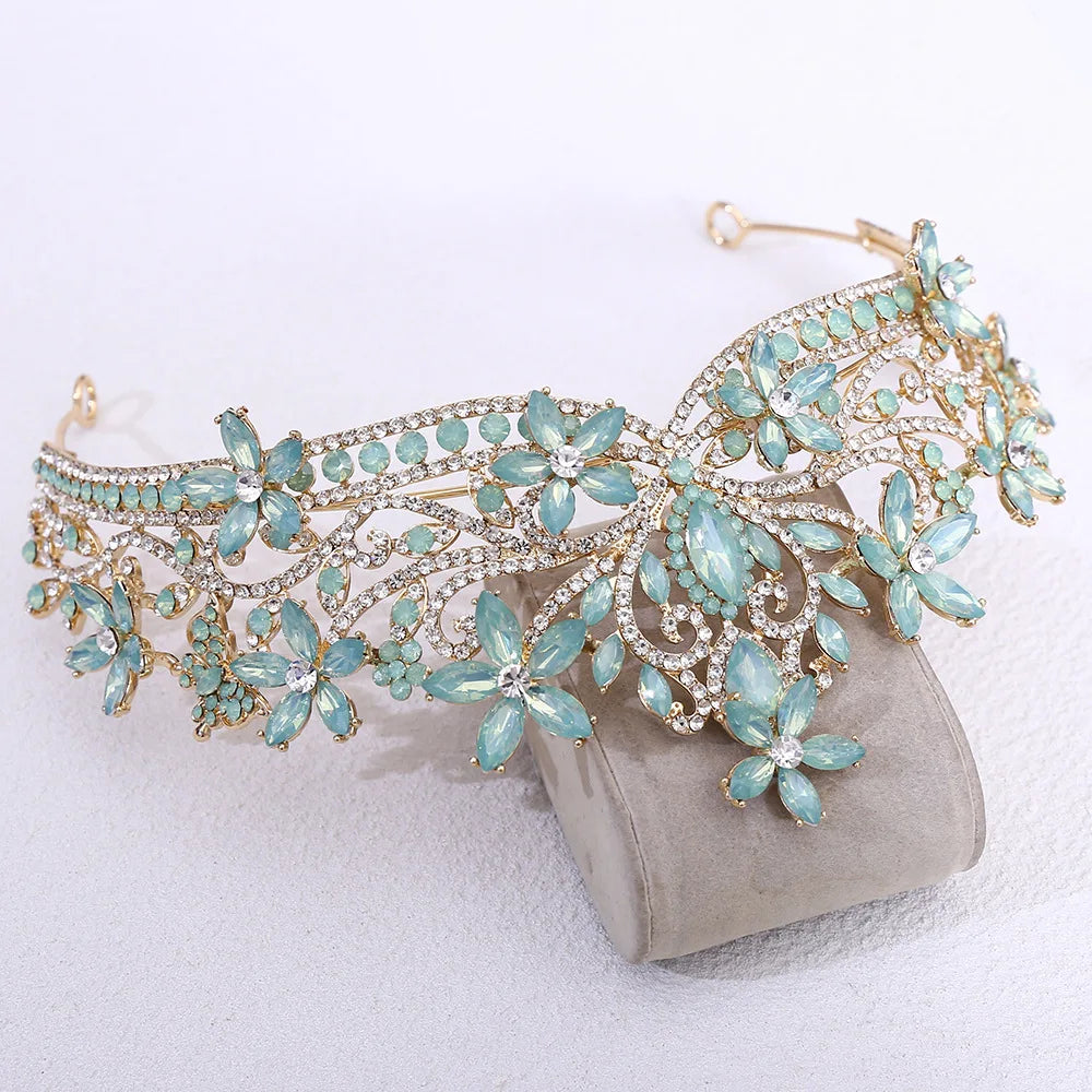 12 Colors Baroque Crystal Flower Blue Opal Tiaras For Women Party Luxury Bride Diadem Rhinestone Crown Hair Accessories Jewelry