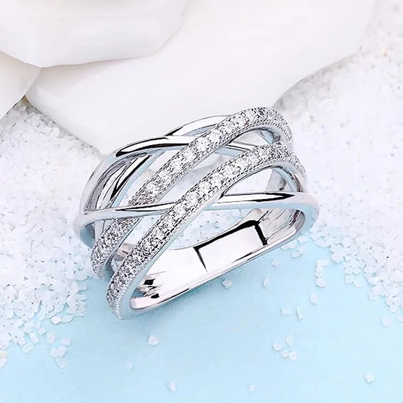 Silver Color Multi-cross Finger Ring with Shiny Crystal CZ Modern Fashion Female Rings Daily Wear Party Jewelry