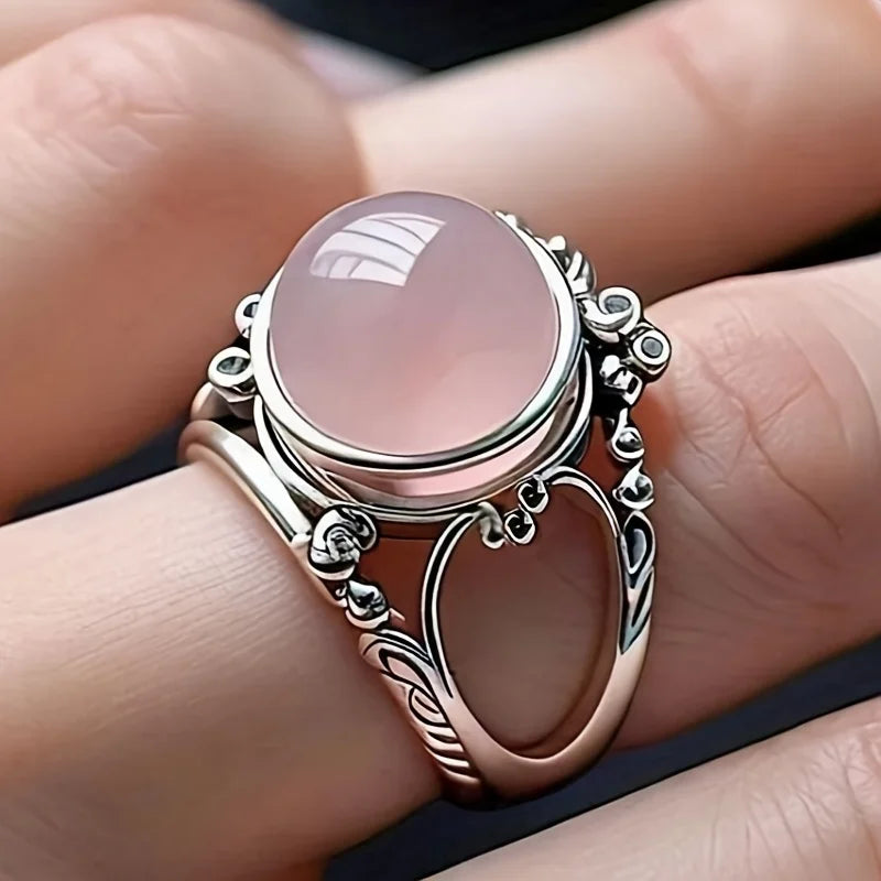 Vintage Pink Beads Rings for Women Antique Silver Color Sweet Female Daily Party Finger-ring Fancy Gift Retro Jewelry