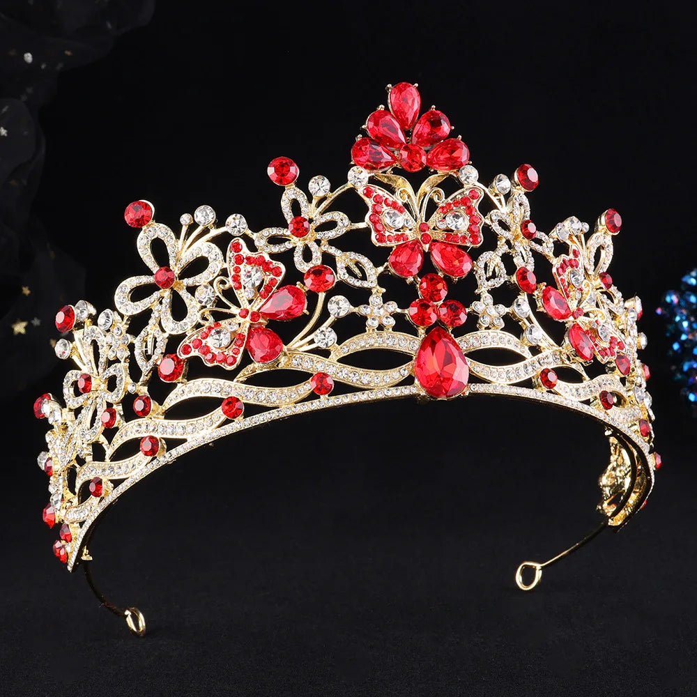 10 Colors New Baroque Pink Crystal Butterfly Bridal Tiara Crown Rhinestone Diadem Veil Tiaras Wedding Hair Accessories Headpiece