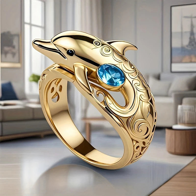Chic Dolphin Design Finger Rings for Women Ocean Animal Rings with Blue Cubic Zirconia Gifts Daily Wear Fashion Jewelry