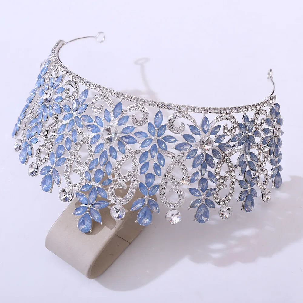 Blue Pink Opal Crystal Royal Queen Wedding Crown Rhinestone Bridal Diadem Pageant Headdress Party Tiaras Hair Dress Accessories