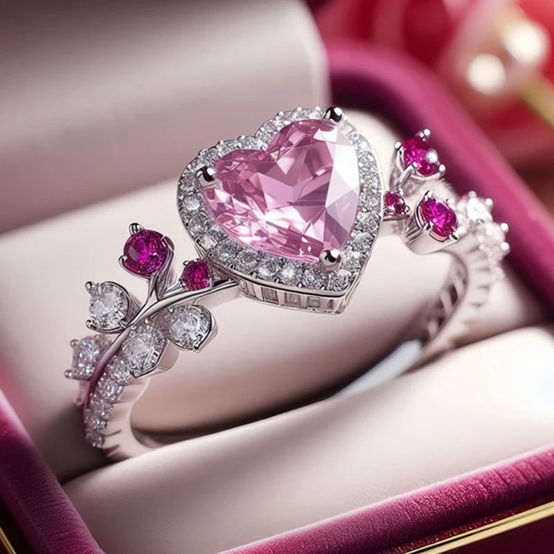 Heart Pink Cubic Zirconia Wedding Rings for Women Silver Color Temperament Sweet Engagement Rings Luxury Trendy Jewelry