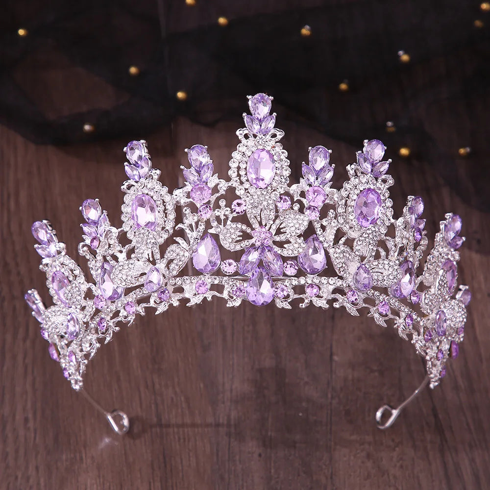 Luxury Water Drop Flower Pink Crystal AB Tiaras Royal Queen Banquet Crown Wedding Party Costume Hair Jewelry Accessories