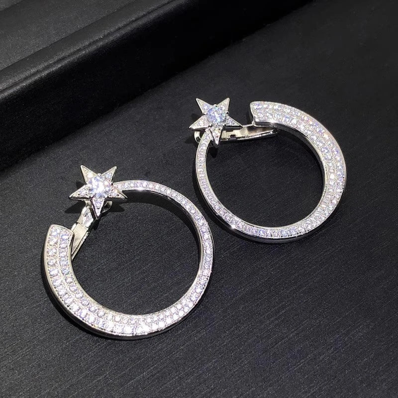 Big Circle Star Stud Earrings Full with Bling Bling Cubic Zircon Statement Earrings for Women Temperament Jewelry