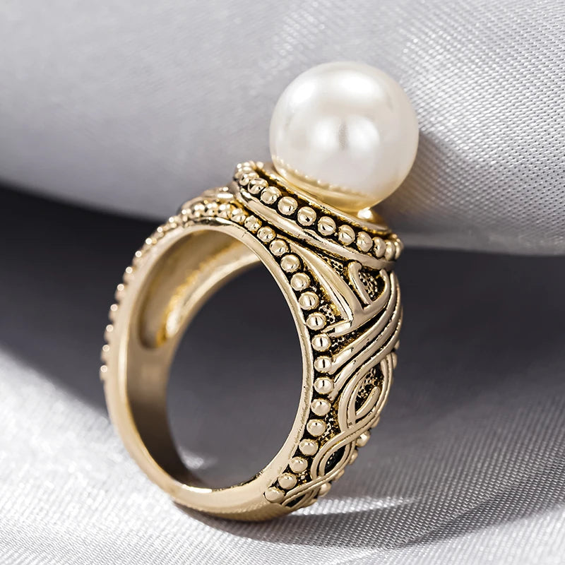 Antique Gold Color Imitation Pearl Rings Women for Wedding Anniversary Party Simulated Pearl Ring Vintage Jewelry
