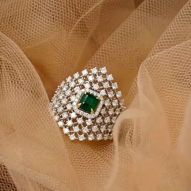 Bling Bling Geometric Rings with Square Green Cubic Zircon Fashionable Silver Color Finger Rings