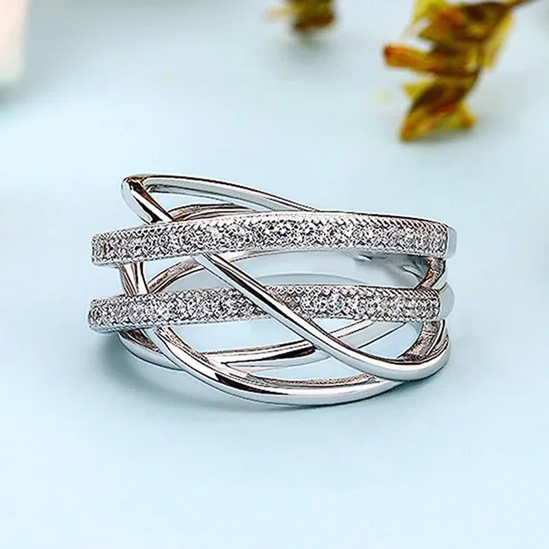 Silver Color Multi-cross Finger Ring with Shiny Crystal CZ Modern Fashion Female Rings Daily Wear Party Jewelry