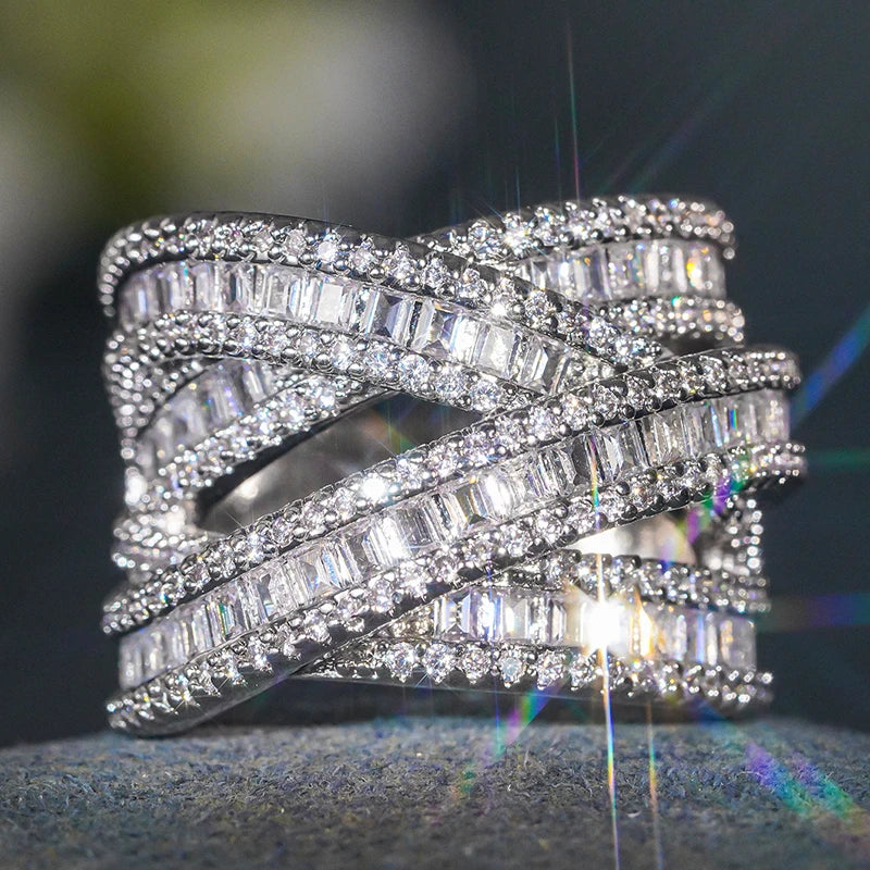 Novel Multi-layer Cross Design Rings for Women Graceful Grand Finger Accessory for Wedding Trendy Dazzling Party Jewelry
