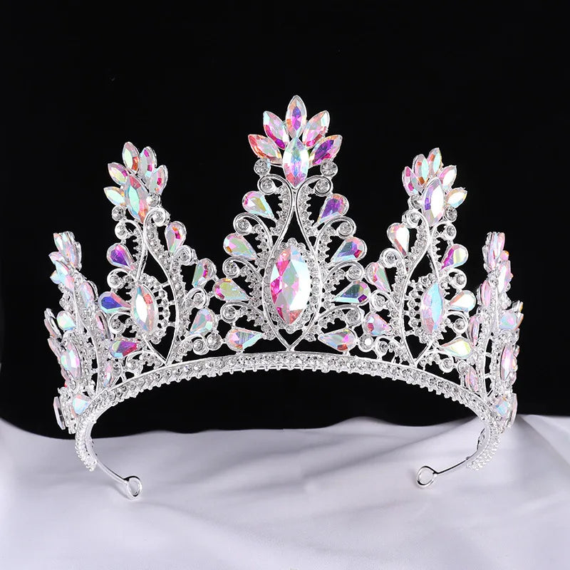 Silver Color Dark Blue Rhinestone Wedding Crown for Women Large Crystal Banquet Tiaras Headband Costume Hair Jewelry Accessories