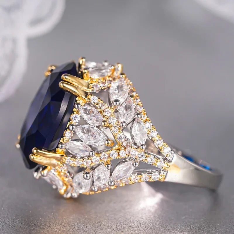 Creative Blue Cubic Zircon Rings for Women Bright Aesthetic Engagement Jewelry Modern Wedding Bridal Accessory
