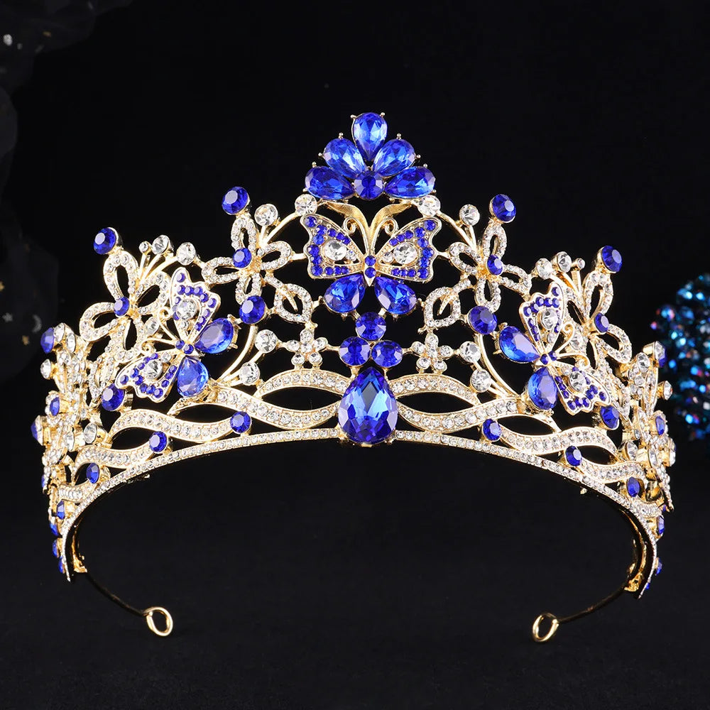 10 Colors New Baroque Pink Crystal Butterfly Bridal Tiara Crown Rhinestone Diadem Veil Tiaras Wedding Hair Accessories Headpiece