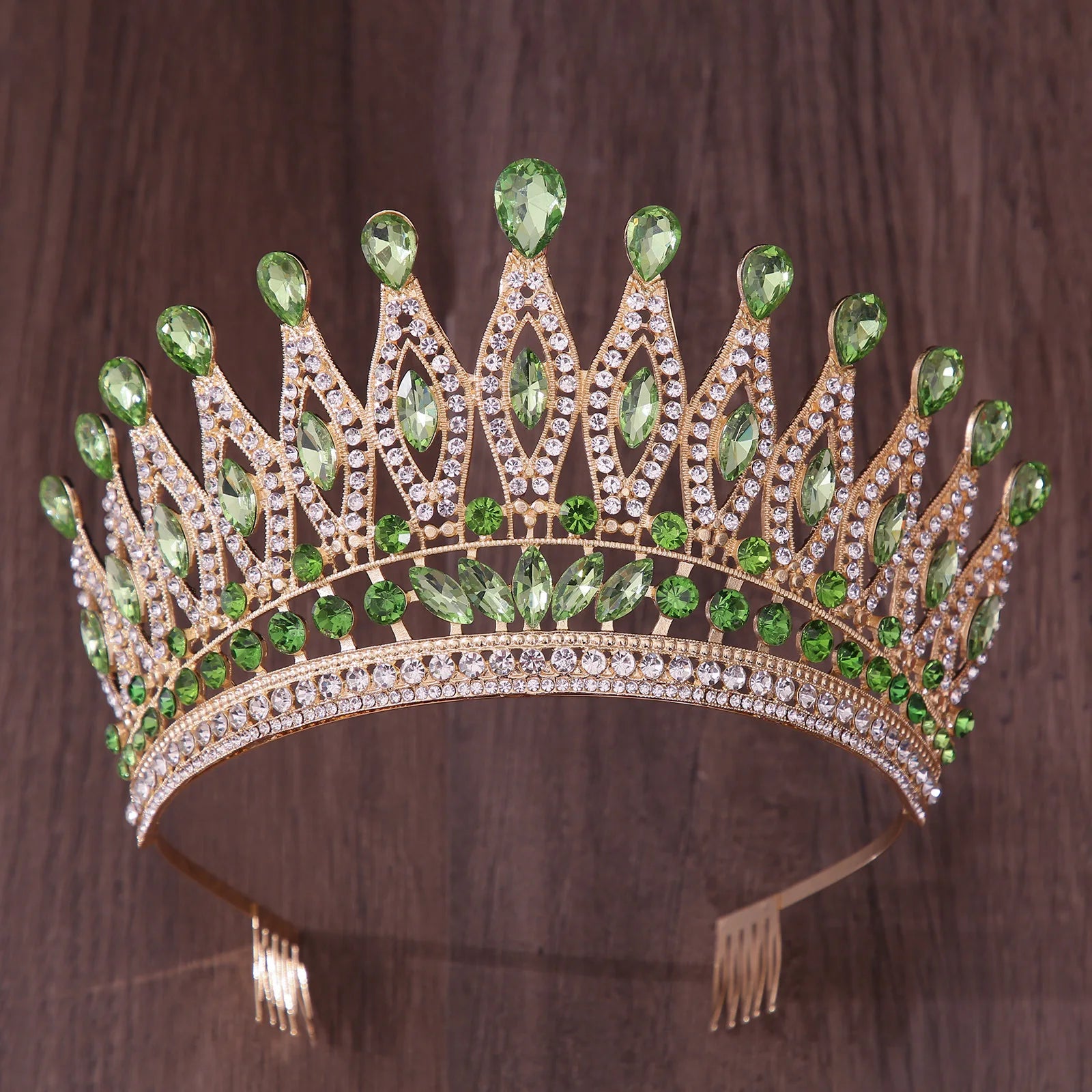 Luxury Royal Queen Wedding Crown With Comb Women Large Lime Green Crystal Banquet Tiaras Party Costume Hair Jewelry Accessories