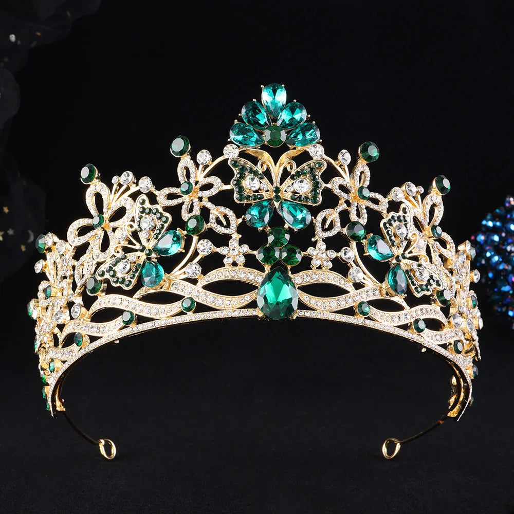 10 Colors New Baroque Pink Crystal Butterfly Bridal Tiara Crown Rhinestone Diadem Veil Tiaras Wedding Hair Accessories Headpiece