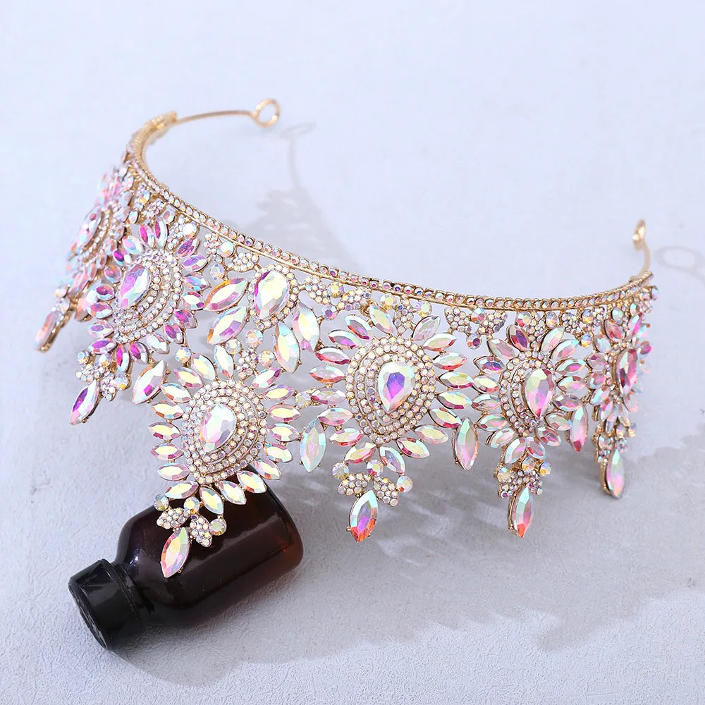 8 Colors Large Opal Crystal Tiara For Women Rhinestone Pageant Diadem Wedding Party Bridal Crown Hair Accessories