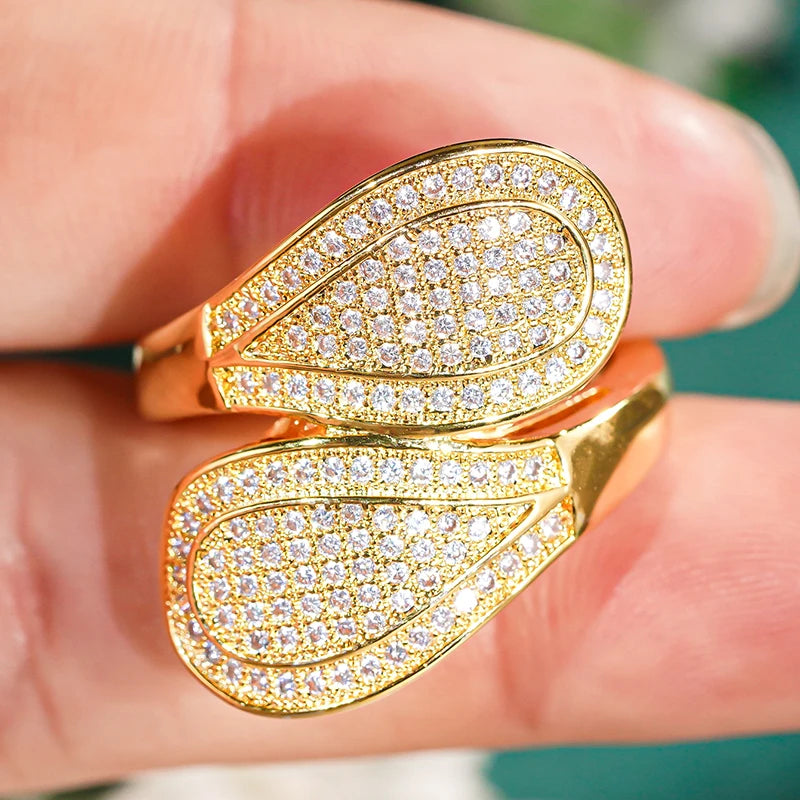 Luxury Gold Color Micro Paved CZ Ring for Women Fashion Water Drop Leaf Shape Finger Rings Party Wedding Jewelry Gift