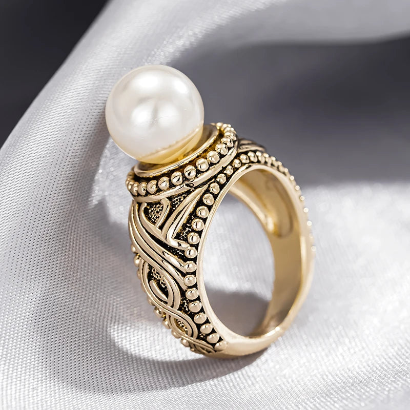 Antique Gold Color Imitation Pearl Rings Women for Wedding Anniversary Party Simulated Pearl Ring Vintage Jewelry