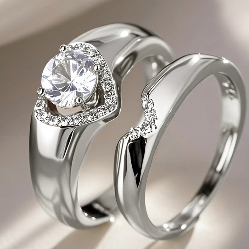 Trendy Heart Set Rings for Women with Crystal Sparkling Cubic Zirconia Luxury Wedding Engagement Rings 2Pcs Jewelry Set