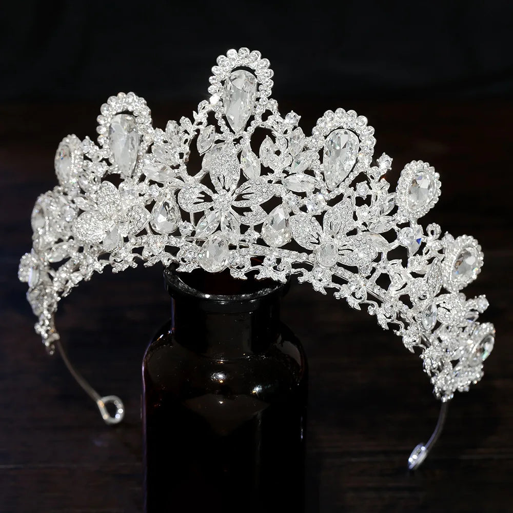 Luxury Water Drop Pink Crystal Bridal Tiara Crown Silver Color Rhinestone Diadem Veil Tiaras Wedding Hair Accessories Headpieces