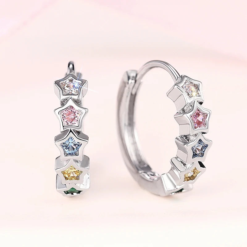 Trendy Star Hoop Circle Earrings Female Bright Rainbow Colored Zirconia Accessories Silver Color Jewelry
