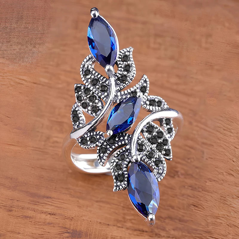Leaf Shaped Adjustable Rings for Women Marquise Blue Cubic Zirconia Black CZ Lady Rings Party Jewelry