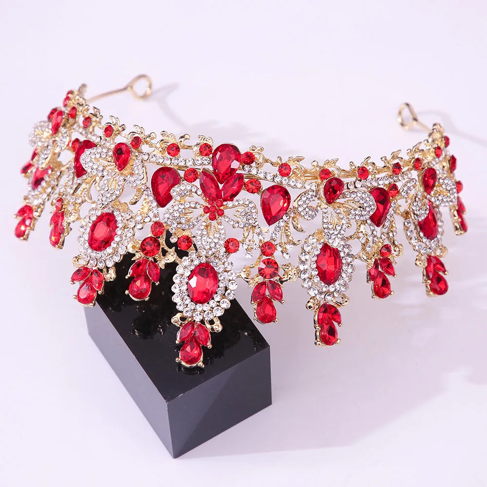 Luxury Water Drop Flower Pink Crystal AB Tiaras Royal Queen Banquet Crown Wedding Party Costume Hair Jewelry Accessories