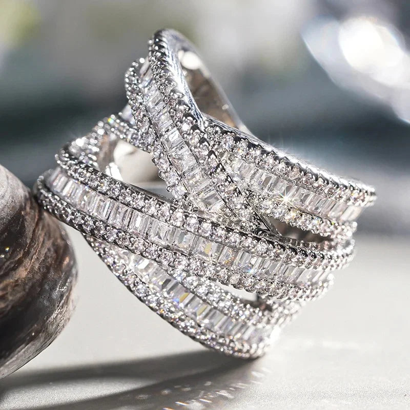 Novel Multi-layer Cross Design Rings for Women Graceful Grand Finger Accessory for Wedding Trendy Dazzling Party Jewelry
