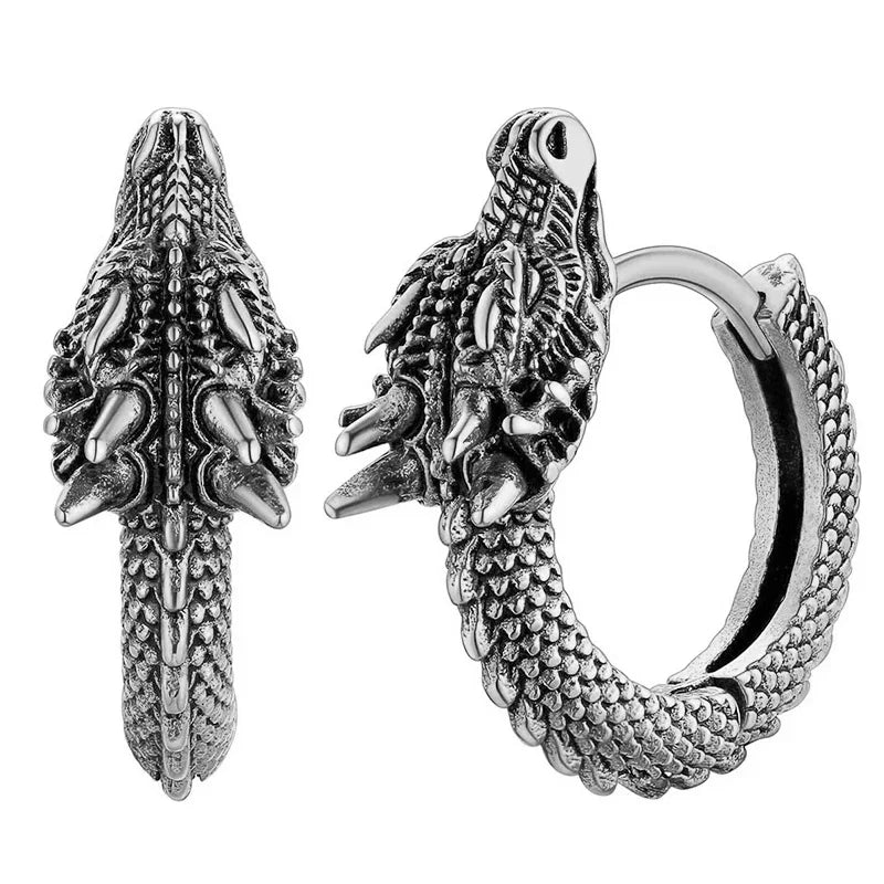 Personality Chinese Dragon Hoop Earrings for Women/Men Antique Metal Color Hip Hop Cool Guys Loong Earrings