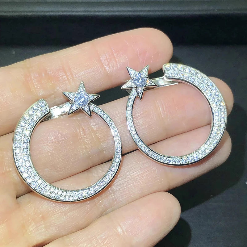 Big Circle Star Stud Earrings Full with Bling Bling Cubic Zircon Statement Earrings for Women Temperament Jewelry