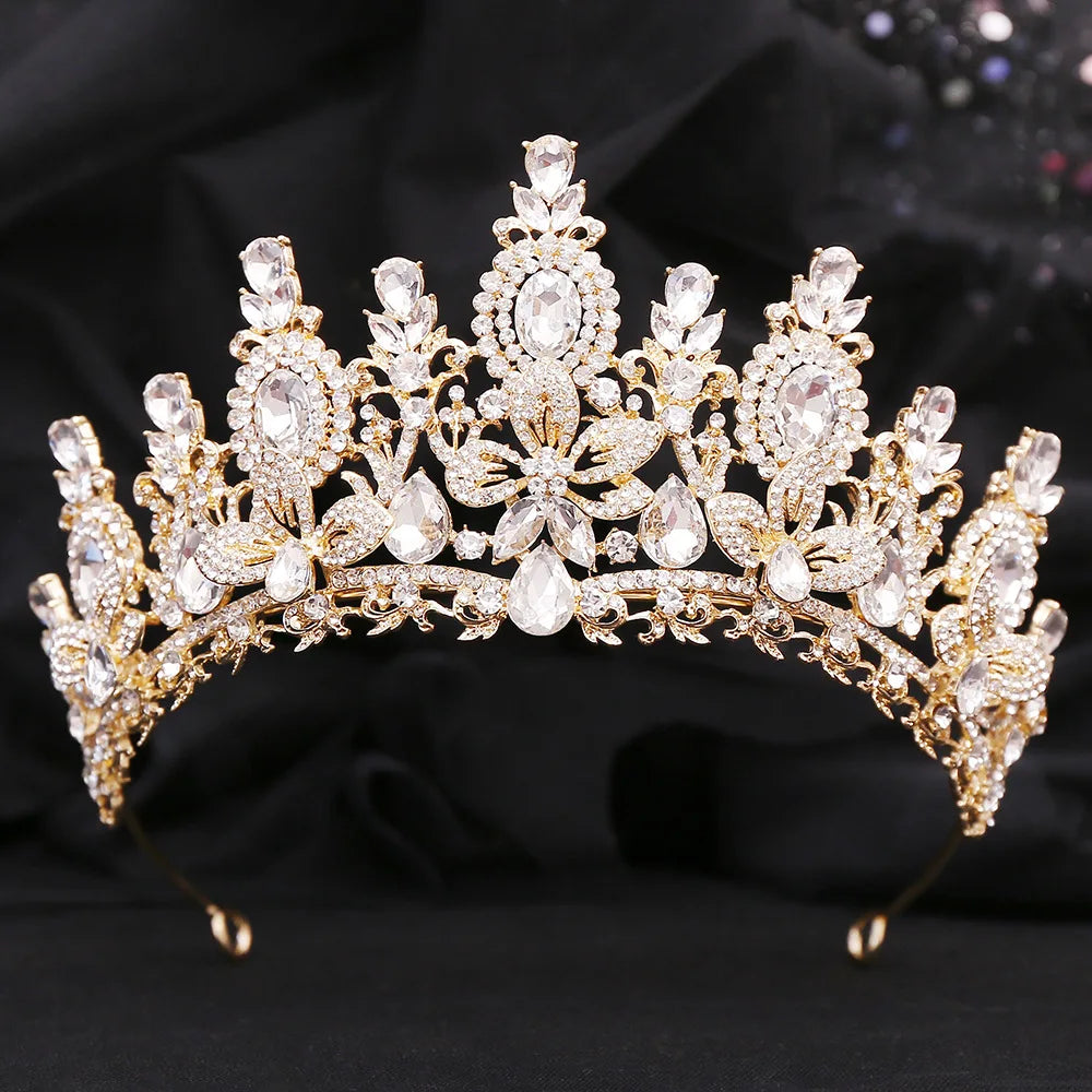 Retro Rose Water Drop Flower Crystal Bridal Tiara Crown Rhinestone Diadem Veil Tiaras Wedding Hair Accessories Headpiece