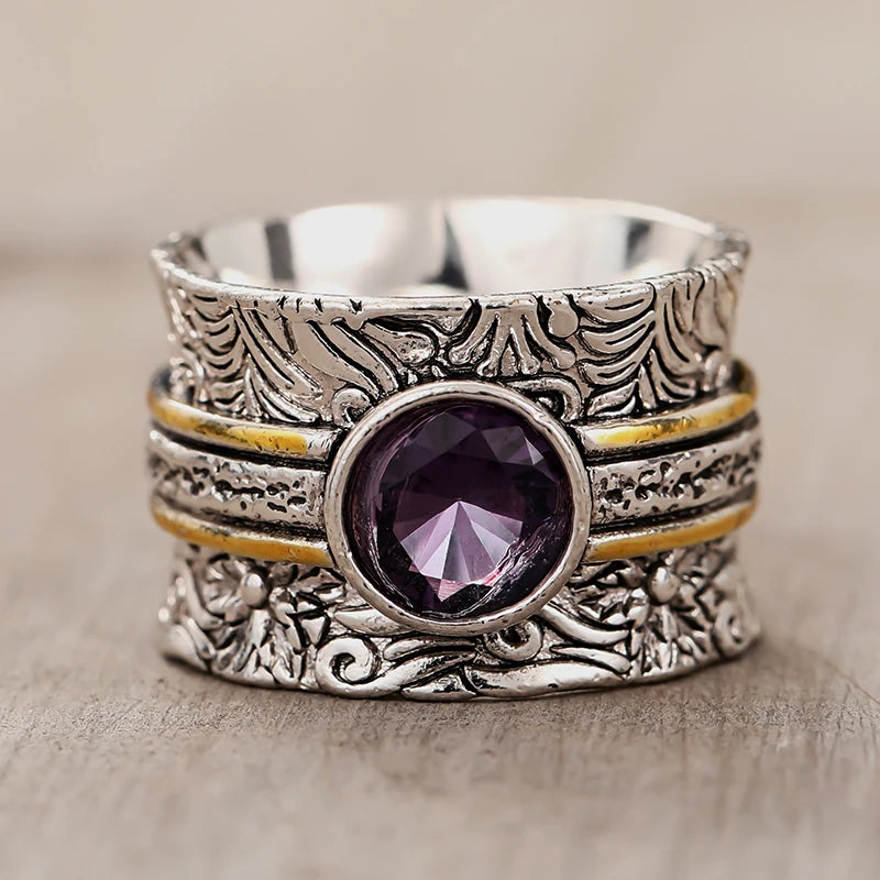 Vintage Two Tone Wide Rings with Purple CZ Bohemia Style Women's Rings Daily Wear Party Aesthetic Carved Pattern Jewelry