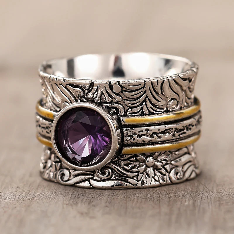 Vintage Two Tone Wide Rings with Purple CZ Bohemia Style Women's Rings Daily Wear Party Aesthetic Carved Pattern Jewelry
