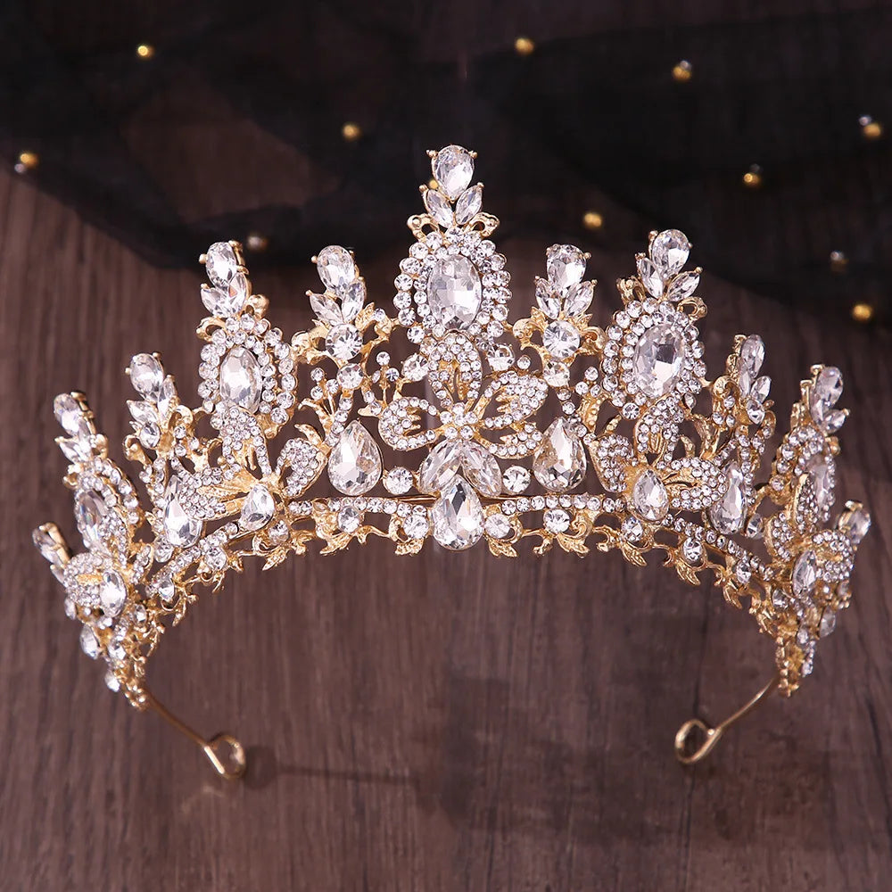 Luxury Water Drop Flower Pink Crystal AB Tiaras Royal Queen Banquet Crown Wedding Party Costume Hair Jewelry Accessories