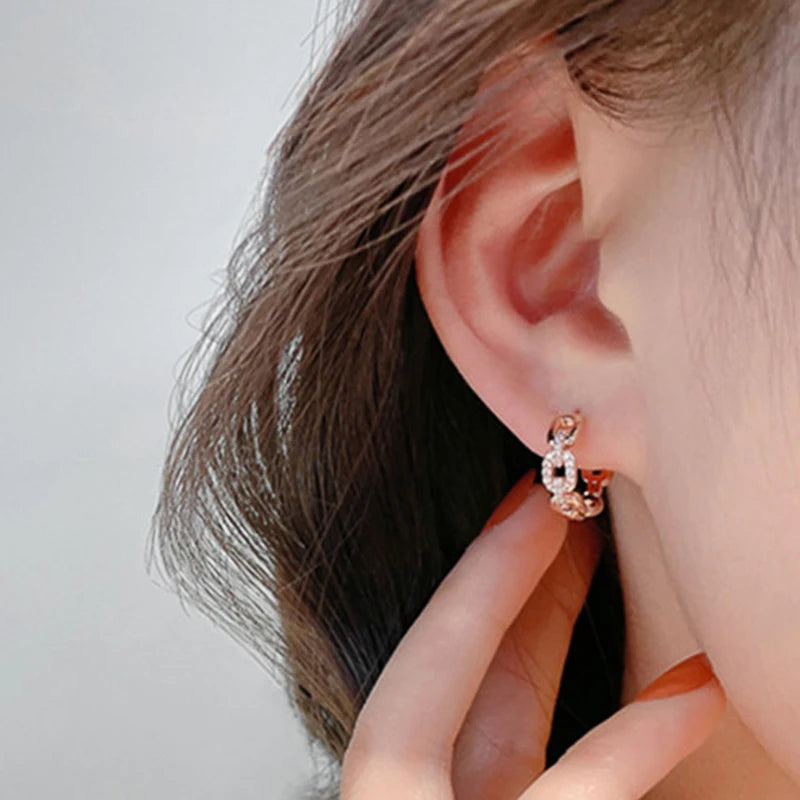 Chain Shaped Ear Loops Lady Hoop Earrings Trendy Daily Jewelry Rose Gold Color Bright Zirconia Accessories